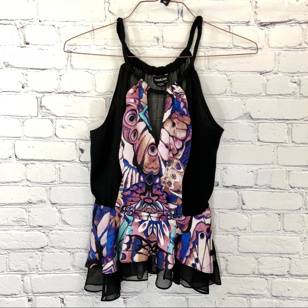 bebe Black Multicolor Printed Peplum Halter Top